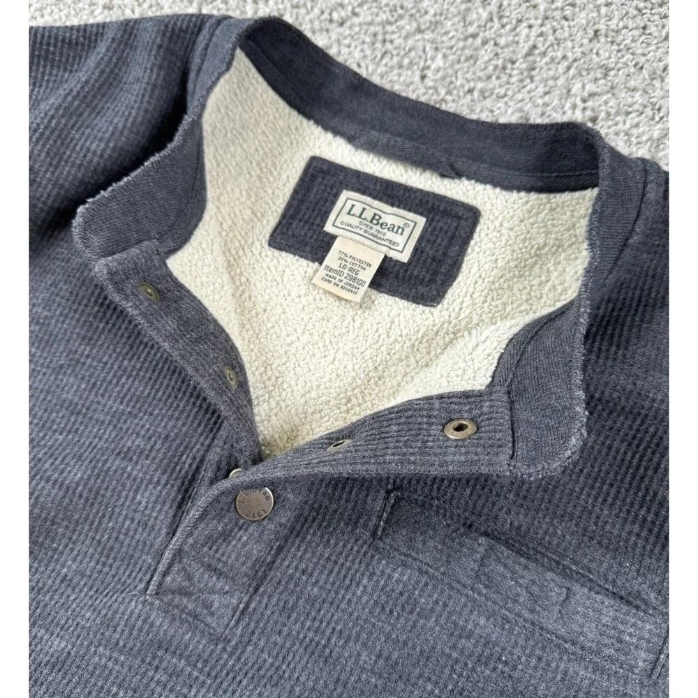LL Bean Sherpa Lined Waffle Henley Sweater Pullover Quarter Snap Gray Mens Large - Picture 3 of 9